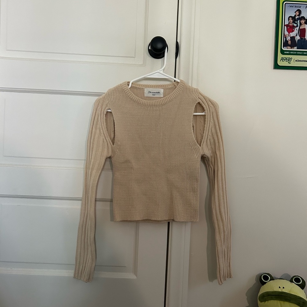 Beige Knit Sweater with Cut-Out Shoulders